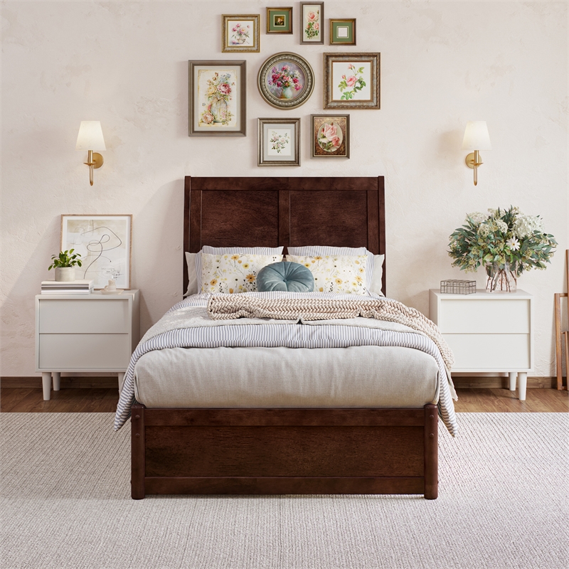 Andorra Twin XL Wood Platform Bed with Panel Footboard & Drawers in Walnut