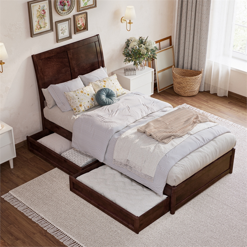 Andorra Twin XL Wood Platform Bed with Panel Footboard & Drawers in Walnut