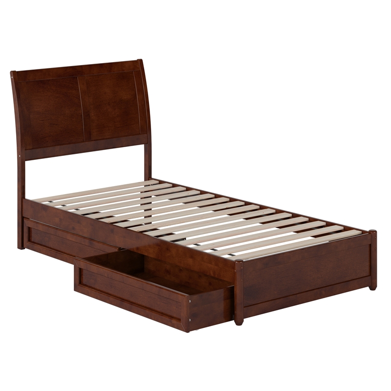 Andorra Twin XL Wood Platform Bed with Panel Footboard & Drawers in Walnut