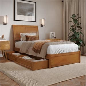 Andorra Twin XL Wood Platform Bed with Panel Footboard & Drawers in Light Toffee