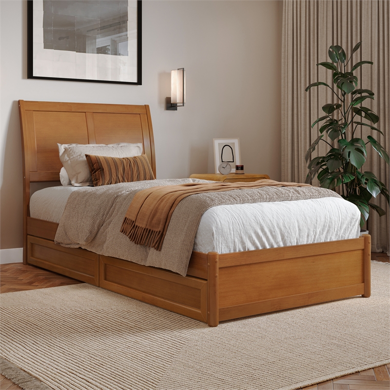 Andorra Twin XL Wood Platform Bed with Panel Footboard & Drawers in Light Toffee