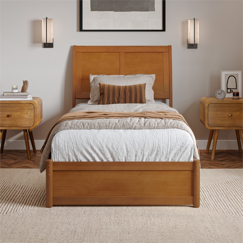 Andorra Twin XL Wood Platform Bed with Panel Footboard & Drawers in Light Toffee