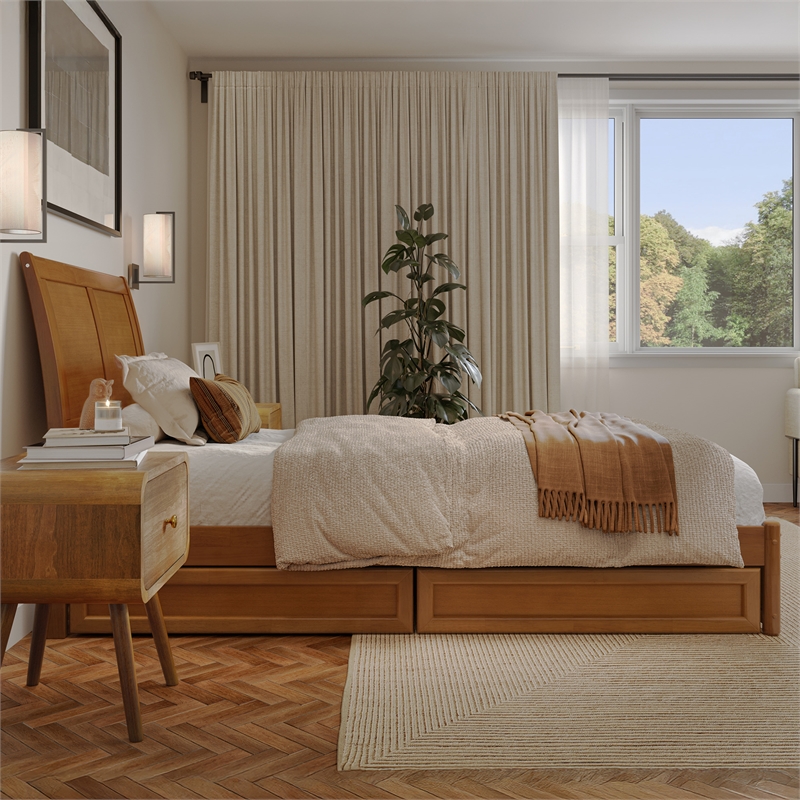 Andorra Twin XL Wood Platform Bed with Panel Footboard & Drawers in Light Toffee