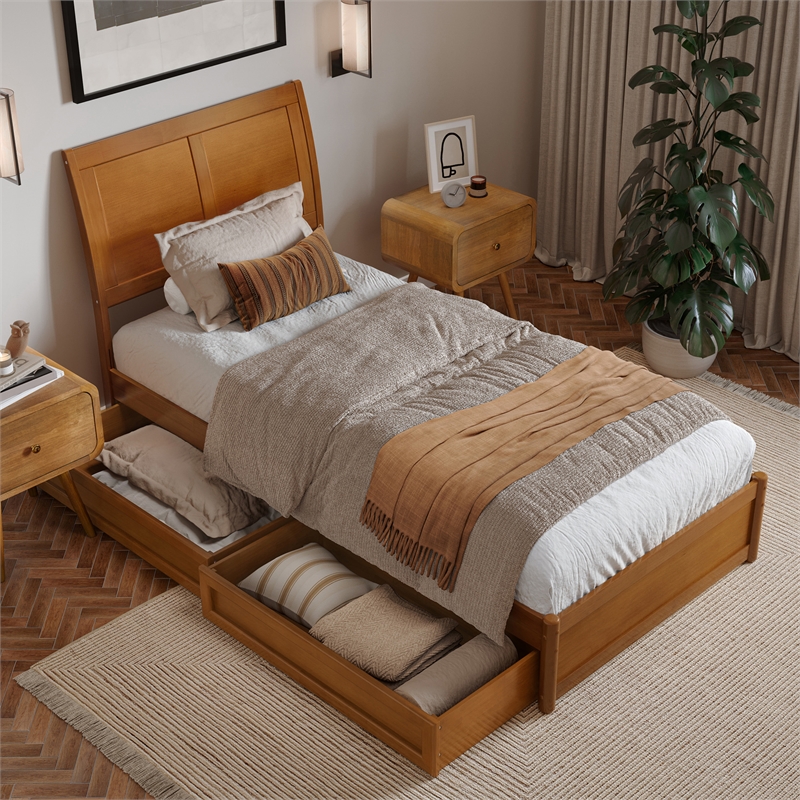 Andorra Twin XL Wood Platform Bed with Panel Footboard & Drawers in Light Toffee