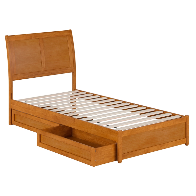 Andorra Twin XL Wood Platform Bed with Panel Footboard & Drawers in Light Toffee