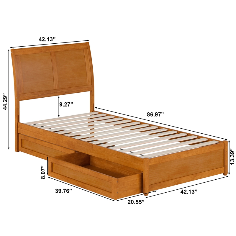 Andorra Twin XL Wood Platform Bed with Panel Footboard & Drawers in Light Toffee