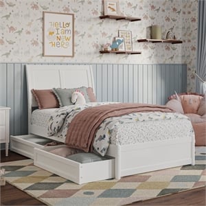 Andorra Twin Wood Platform Bed with Panel Footboard and Storage Drawers in White