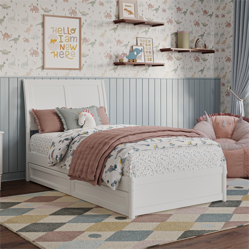 Andorra Twin Wood Platform Bed with Panel Footboard and Storage Drawers in White