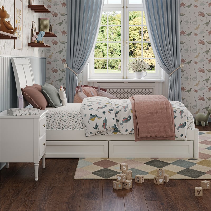 Andorra Twin Wood Platform Bed with Panel Footboard and Storage Drawers in White