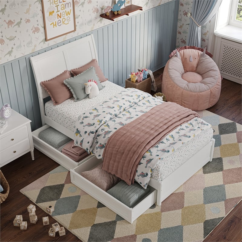 Andorra Twin Wood Platform Bed with Panel Footboard and Storage Drawers in White