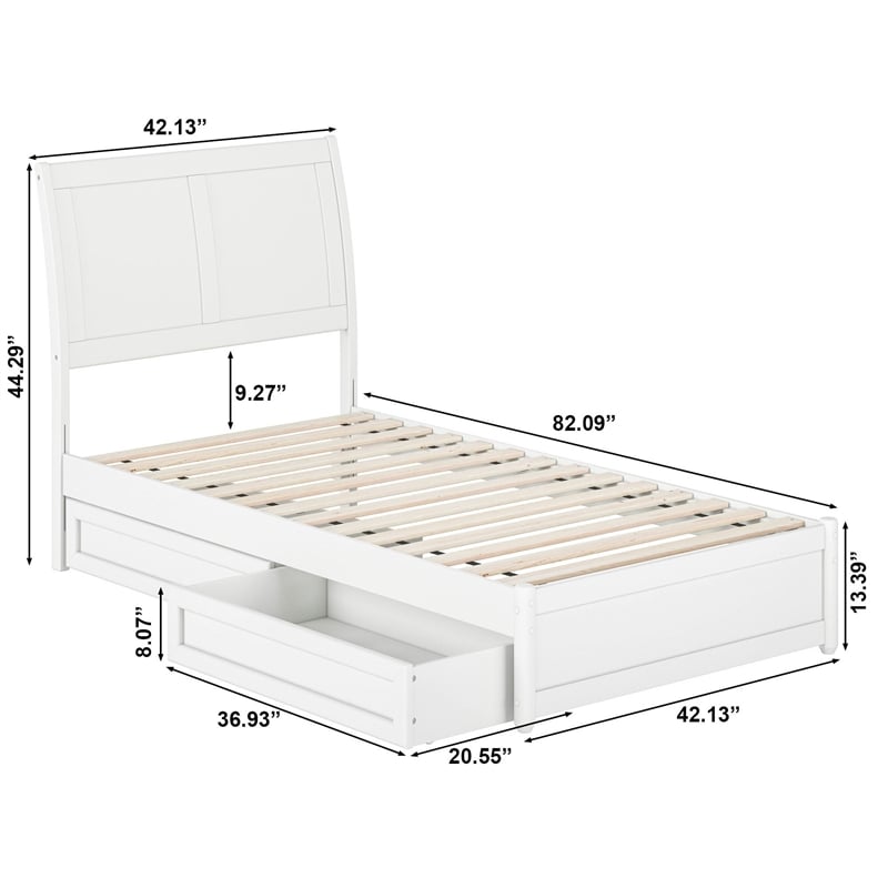 Andorra Twin Wood Platform Bed with Panel Footboard and Storage Drawers in White