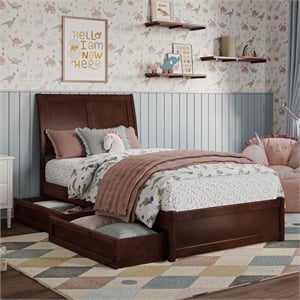 Andorra Twin Wood Platform Bed with Panel Footboard & Storage Drawers in Walnut