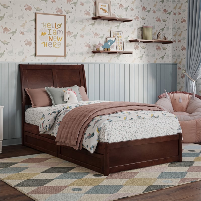 Andorra Twin Wood Platform Bed with Panel Footboard & Storage Drawers in Walnut