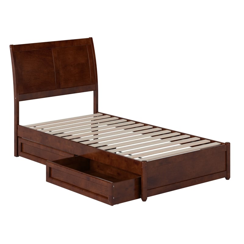 Andorra Twin Wood Platform Bed with Panel Footboard & Storage Drawers in Walnut