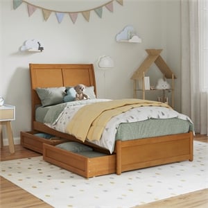 Andorra Twin Wood Platform Bed with Panel Footboard & Drawers in Light Toffee