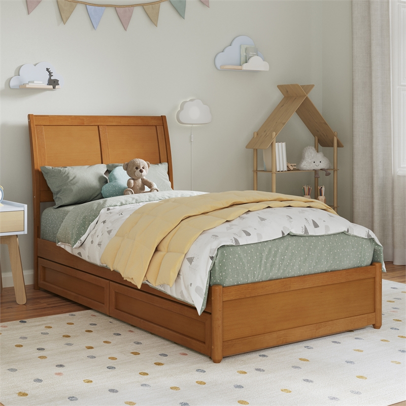 Andorra Twin Wood Platform Bed with Panel Footboard & Drawers in Light Toffee