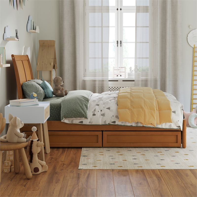 Andorra Twin Wood Platform Bed with Panel Footboard & Drawers in Light Toffee