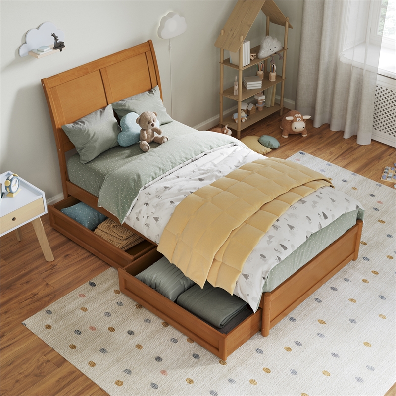 Andorra Twin Wood Platform Bed with Panel Footboard & Drawers in Light Toffee