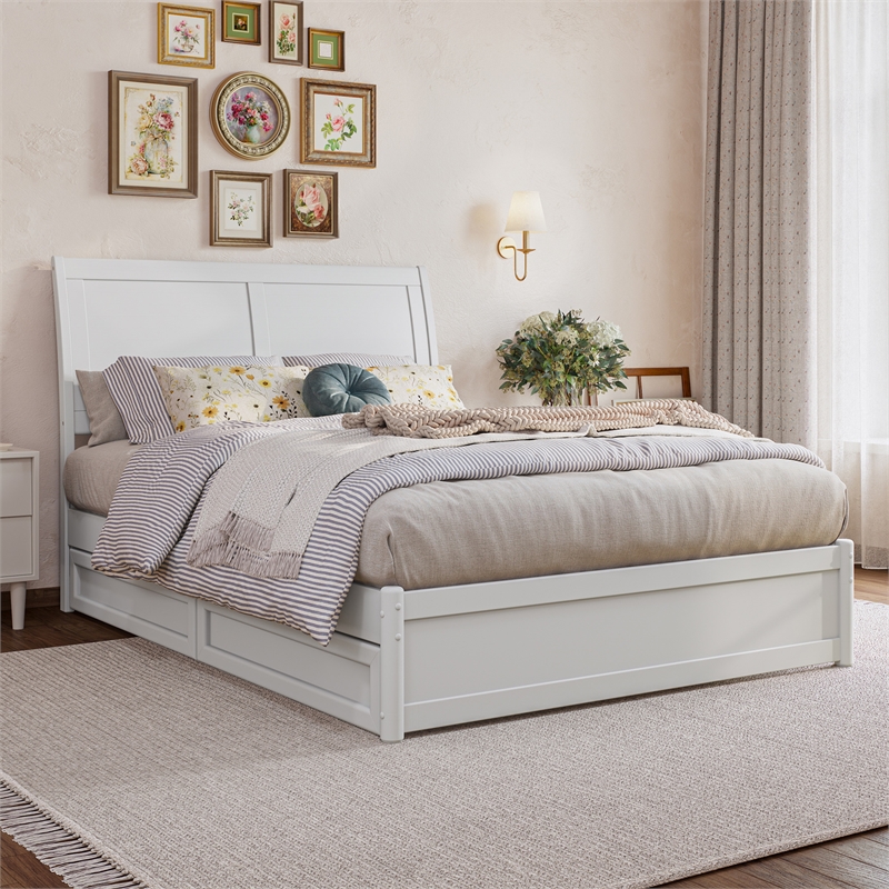 Andorra Full Wood Platform Bed with Panel Footboard and Storage Drawers in White