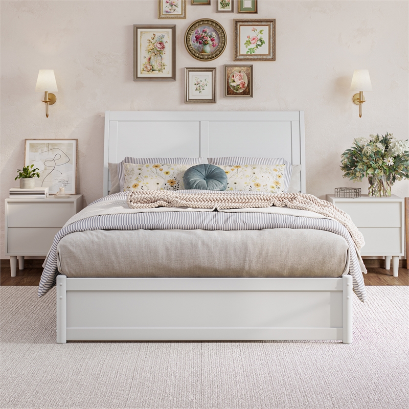 Andorra Full Wood Platform Bed with Panel Footboard and Storage Drawers in White
