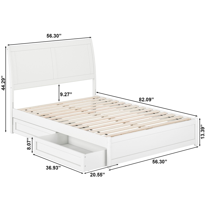 Andorra Full Wood Platform Bed with Panel Footboard and Storage Drawers in White