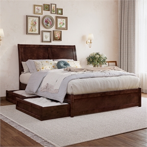 Andorra Full Wood Platform Bed with Panel Footboard & Storage Drawers in Walnut