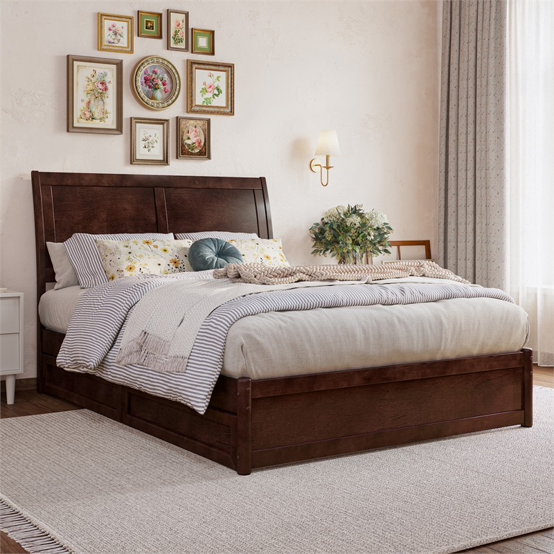 Andorra Full Wood Platform Bed with Panel Footboard & Storage Drawers in Walnut