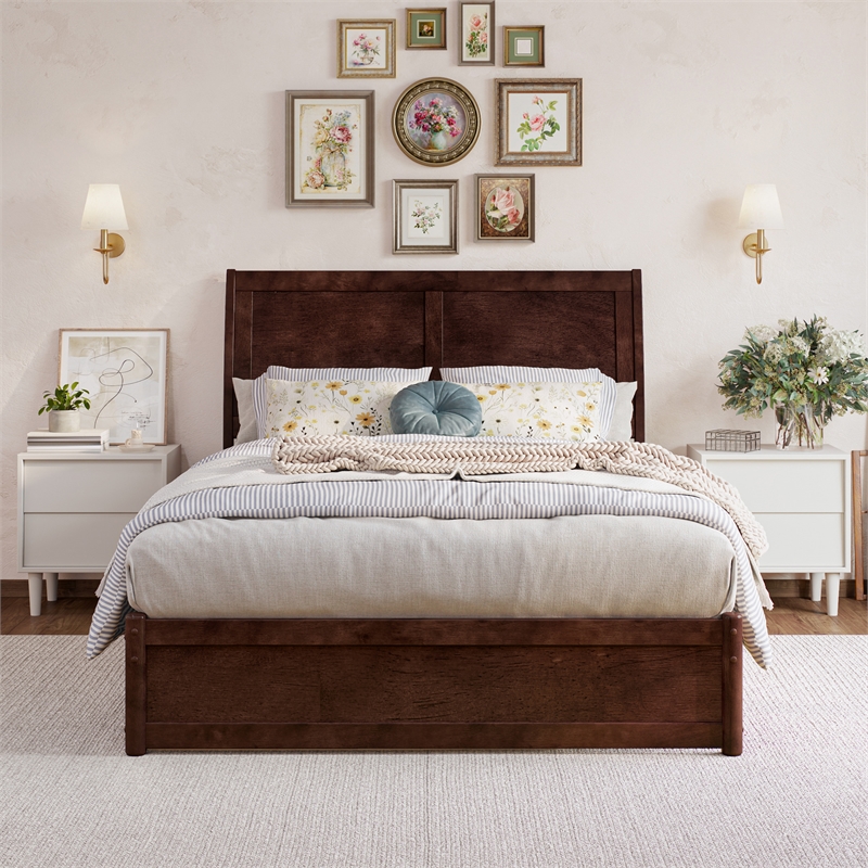 Andorra Full Wood Platform Bed with Panel Footboard & Storage Drawers in Walnut