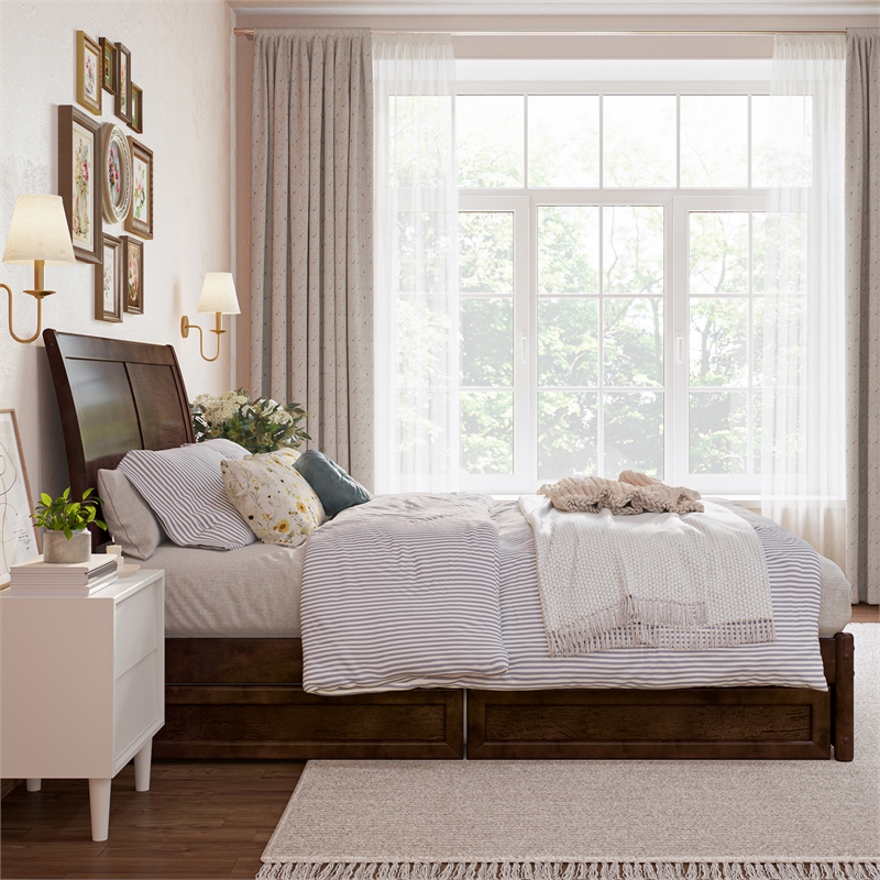 Andorra Full Wood Platform Bed with Panel Footboard & Storage Drawers in Walnut
