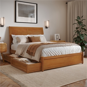 Andorra Full Wood Platform Bed with Panel Footboard & Drawers in Light Toffee