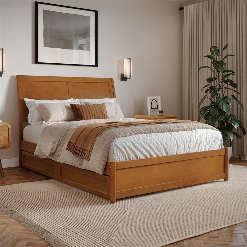 Andorra Full Wood Platform Bed with Panel Footboard & Drawers in Light Toffee