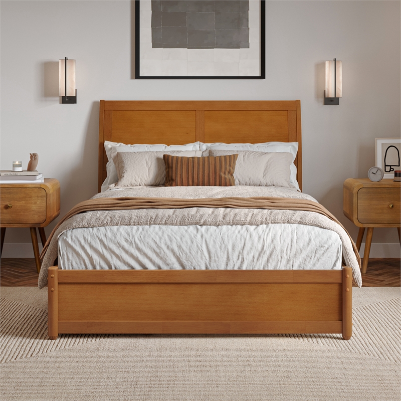 Andorra Full Wood Platform Bed with Panel Footboard & Drawers in Light Toffee