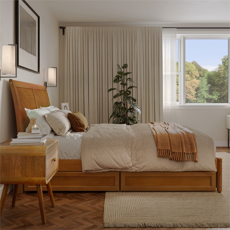 Andorra Full Wood Platform Bed with Panel Footboard & Drawers in Light Toffee
