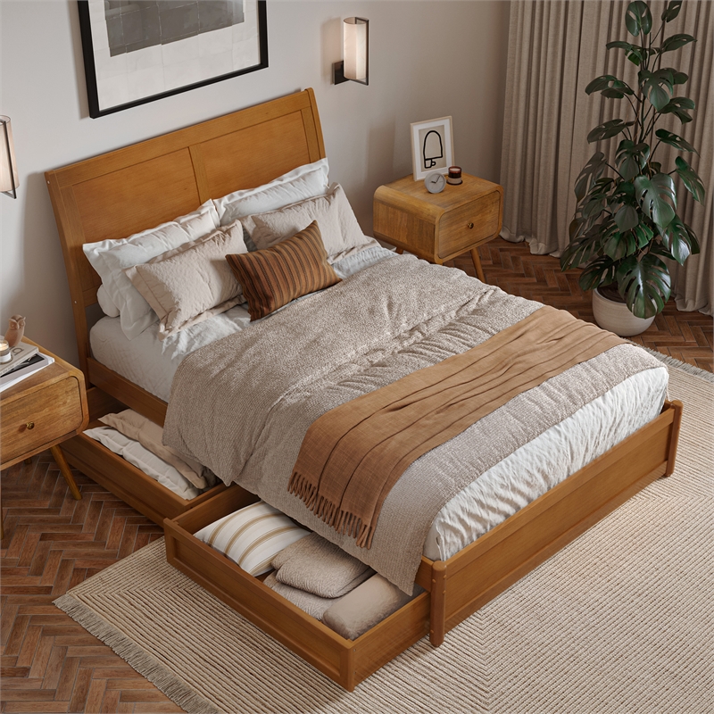 Andorra Full Wood Platform Bed with Panel Footboard & Drawers in Light Toffee