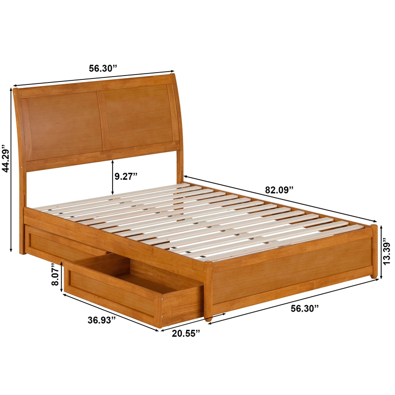 Andorra Full Wood Platform Bed with Panel Footboard & Drawers in Light Toffee