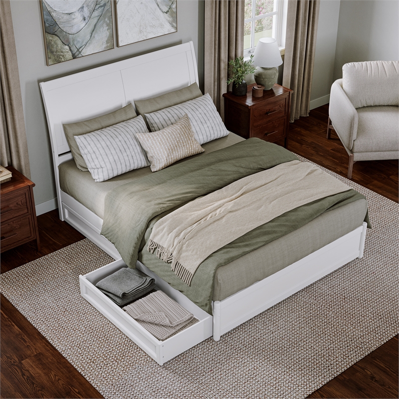 Andorra Queen Wood Platform Bed with Panel Footboard & Storage Drawers in White