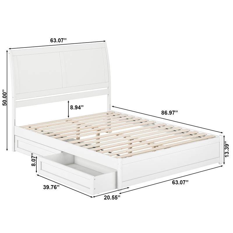 Andorra Queen Wood Platform Bed with Panel Footboard & Storage Drawers in White