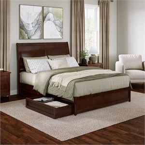 Andorra Queen Wood Platform Bed with Panel Footboard & Storage Drawers in Walnut