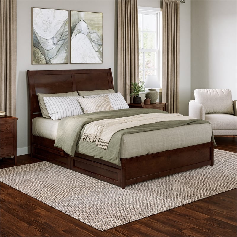 Andorra Queen Wood Platform Bed with Panel Footboard & Storage Drawers in Walnut