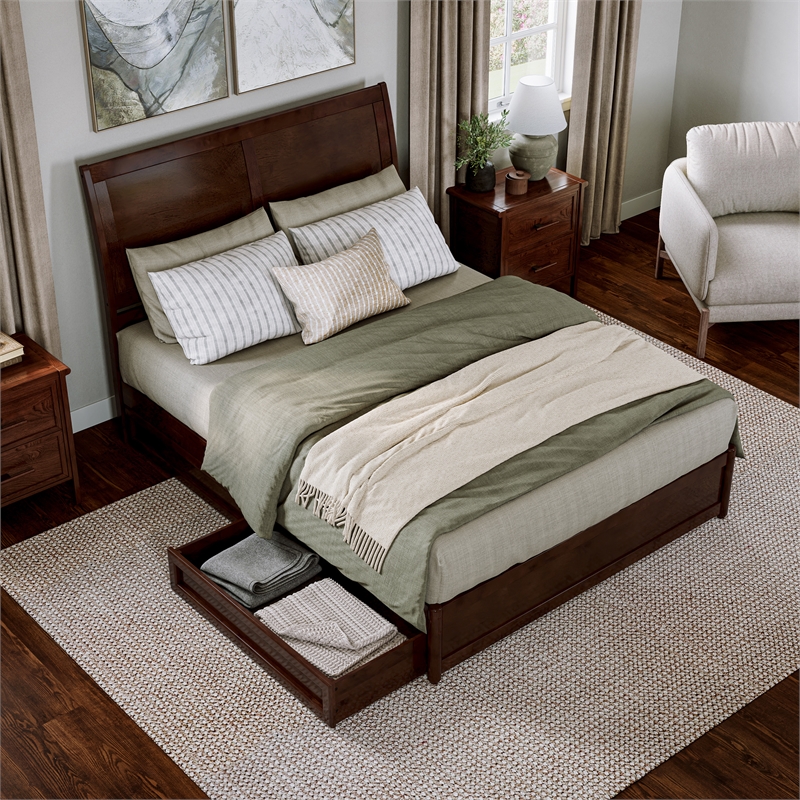 Andorra Queen Wood Platform Bed with Panel Footboard & Storage Drawers in Walnut