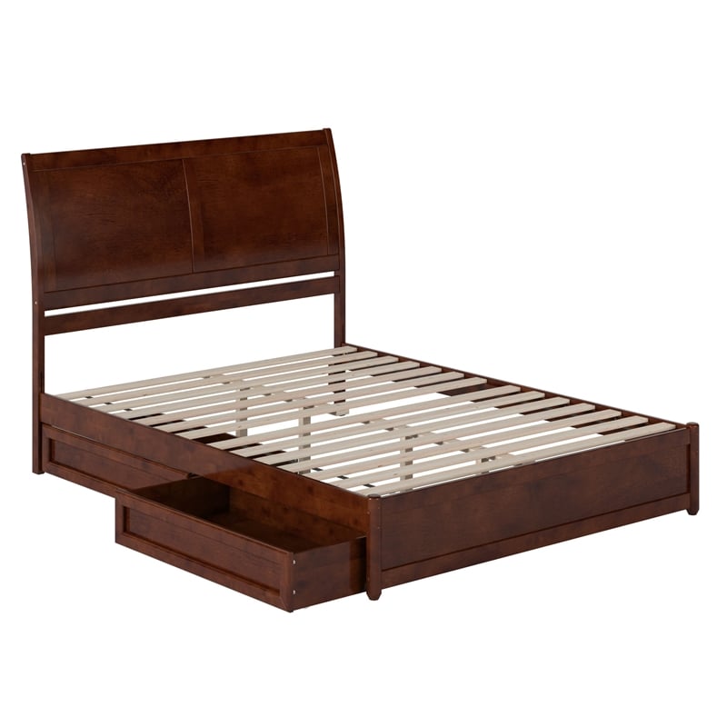 Andorra Queen Wood Platform Bed with Panel Footboard & Storage Drawers in Walnut