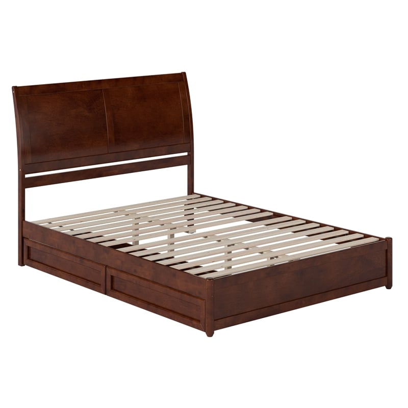 Andorra Queen Wood Platform Bed with Panel Footboard & Storage Drawers in Walnut