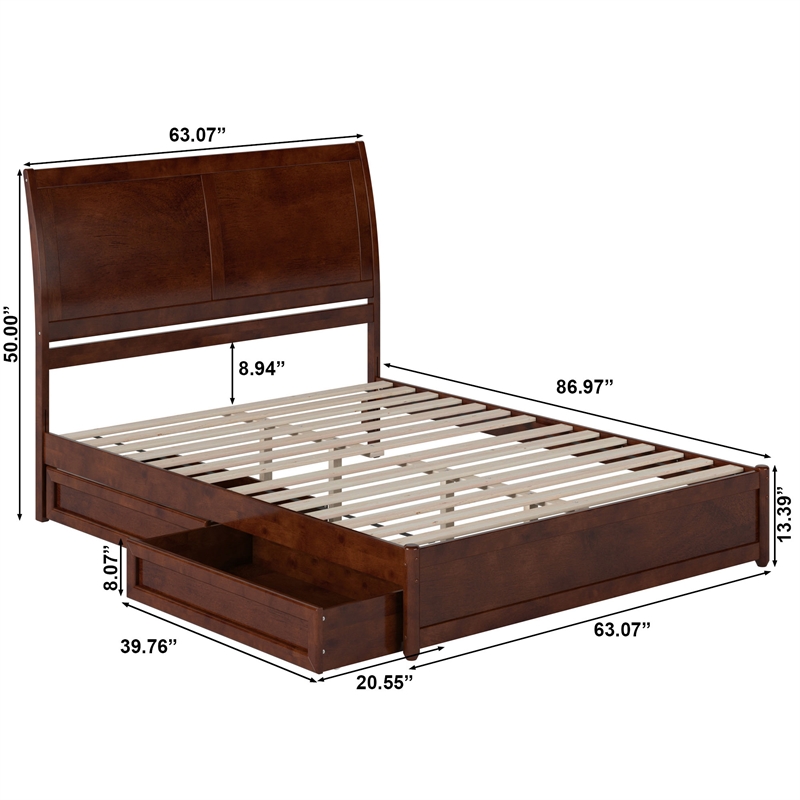 Andorra Queen Wood Platform Bed with Panel Footboard & Storage Drawers in Walnut