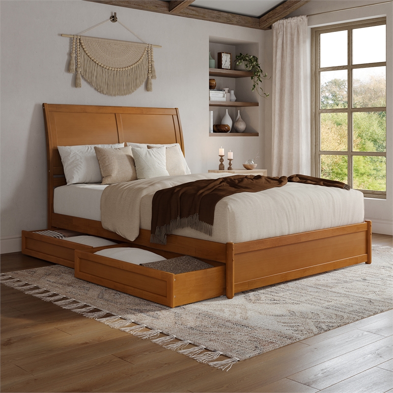 Andorra Queen Wood Platform Bed with Panel Footboard & Drawers in Light Toffee