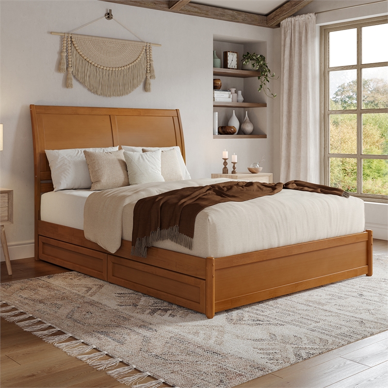 Andorra Queen Wood Platform Bed with Panel Footboard & Drawers in Light Toffee