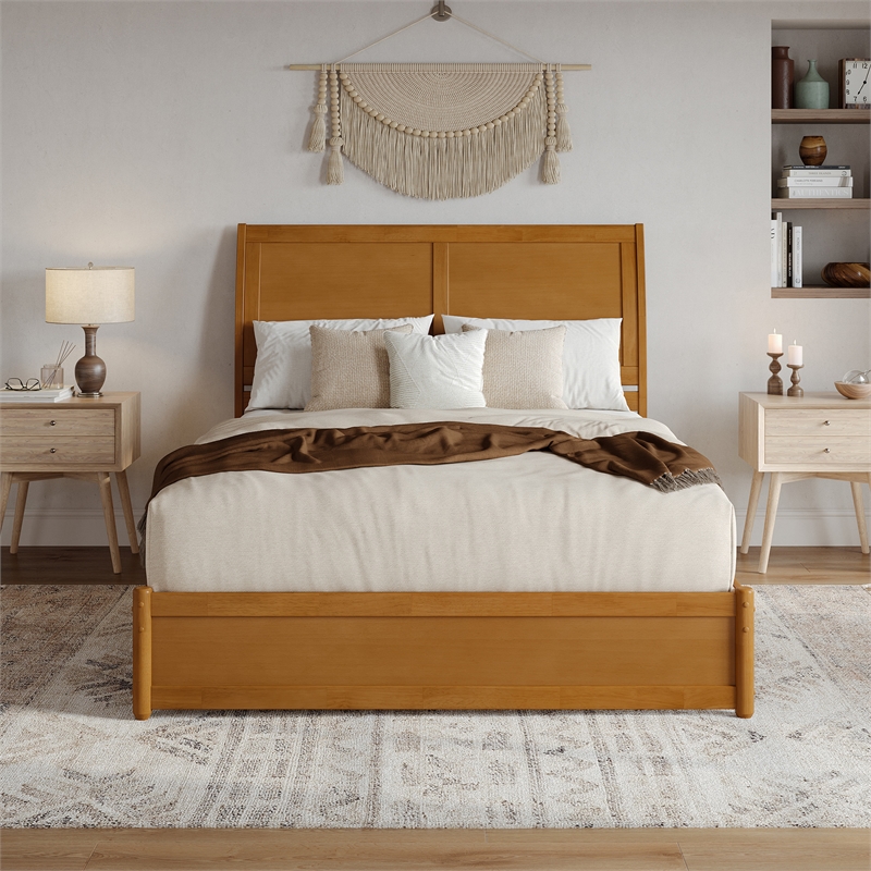 Andorra Queen Wood Platform Bed with Panel Footboard & Drawers in Light Toffee