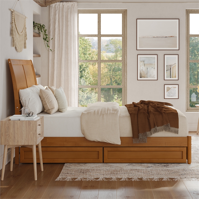 Andorra Queen Wood Platform Bed with Panel Footboard & Drawers in Light Toffee