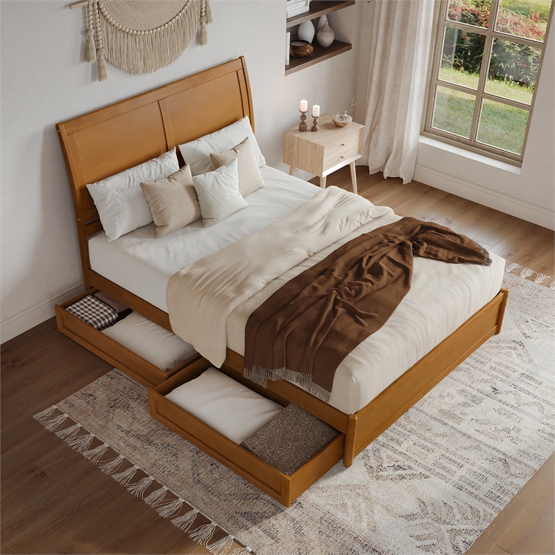 Andorra Queen Wood Platform Bed with Panel Footboard & Drawers in Light Toffee