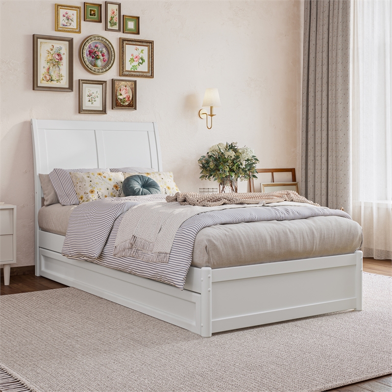 Andorra Twin XL Wood Platform Bed with Panel Footboard &  Trundle in White