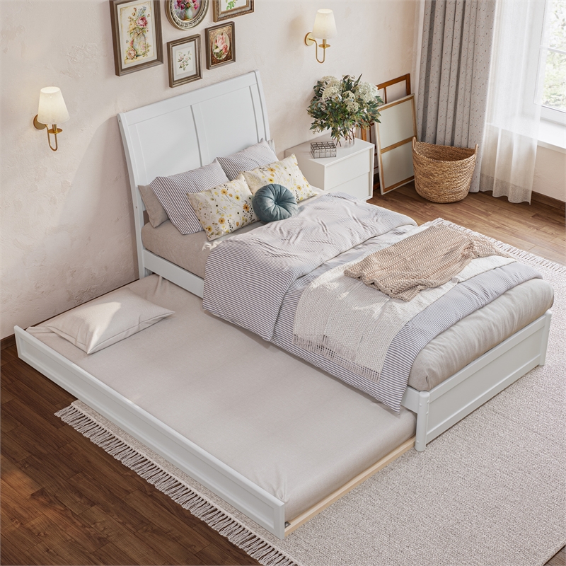 Andorra Twin XL Wood Platform Bed with Panel Footboard &  Trundle in White